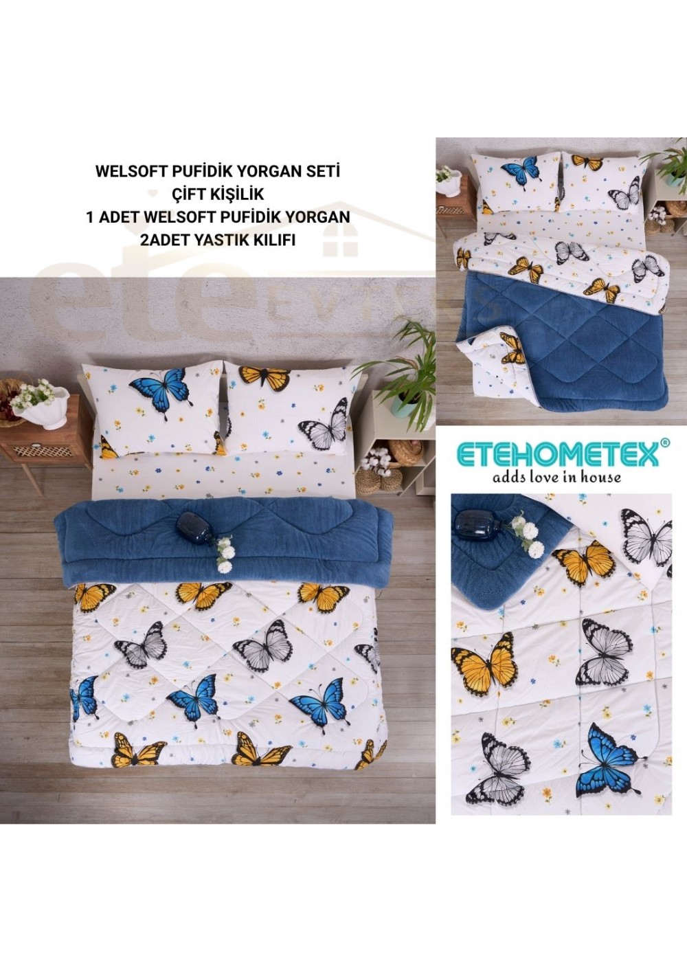 ETE HOMETEX ÇİFT KİŞİLİK LÜX WELSOFT YORGAN SETİ 195X215CM KELEBEK İNDİGO 8696474231942